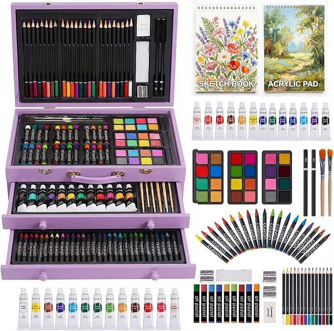 175 Piece Deluxe Art Set with 2 Drawing Pads, Acrylic Paints, Crayons, Colored Pencils, Paint Set in Wooden Case, Professional Art Kit, Art Supplies for Adults, Teens and Artist, Paint Supplies