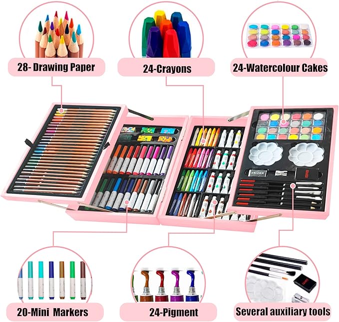 KINSPORY Art Set, 139 Pack Painting Drawing Art Supplies Kit with 2 Sketch Pads, Deluxe Double Layers Art Set Crafts, Colored Pencils, Oil Pastels, Watercolor Paints, Gift for Artists Kids (Rose Pink)