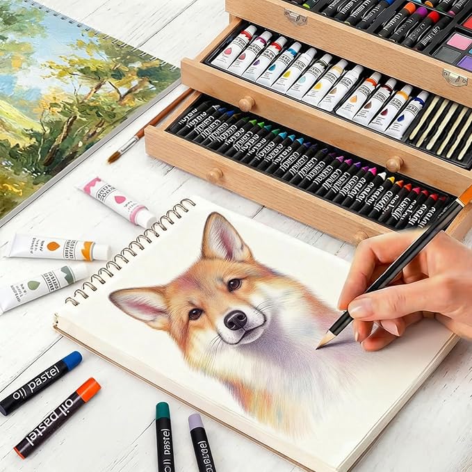 175-Pack Deluxe Wooden Art Set Drawing Painting Kit with 2 Drawing Pads, Acrylic Paints, Colored Pencils, Crayons, Paint Brush, Art Kit in Wooden Case, Gift for Artist, Adults, Teens and Kids