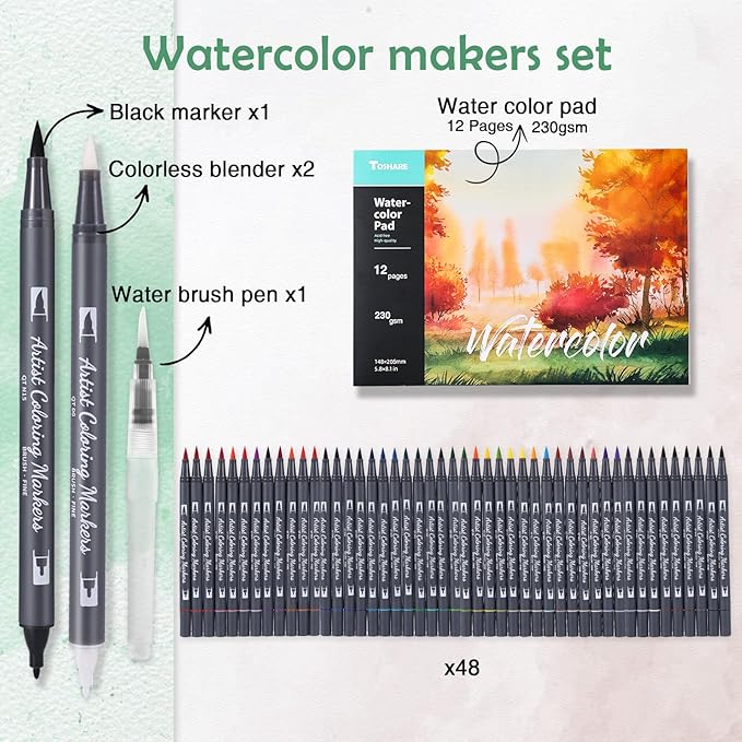 TOSHARE Watercolor Pens Set, 48-Color Dual Tip Professional Watercolor Markers for Adults, Water-Based Art Markers with 1 Aquapen, 2 Colorless Blenders, 1 Black Marker, and 12-Page Pad, Art Supply