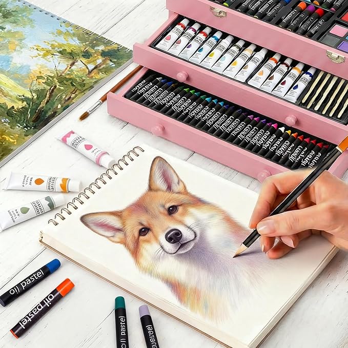 175-Pack Deluxe Wooden Art Set Drawing Painting Kit with 2 Drawing Pads, Acrylic Paints, Colored Pencils, Crayons, Paint Brush, Art Kit in Wooden Case, Gift for Artist, Adults, Teens and Kids