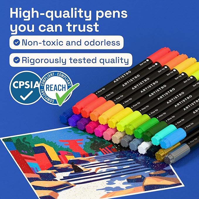ARTISTRO 24 Precision Dual-Tip Acrylic Paint Markers – Paint Pens Set with Dot & Fine Tips for Fabric, Rock, Glass, Wood, Coloring Books – Classroom & Art Supplies Gift – Teacher Appreciation Gift