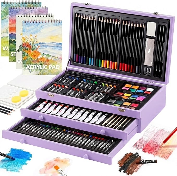 194 Piece Deluxe Art Set, Painting Drawing Art Supplies with 4 Drawing Pads, Acrylic Paints, Crayons, Colored Pencils Set in Wooden Case, Art Kit Gift Box for Kids, Teens, Adults, Artists, Beginners