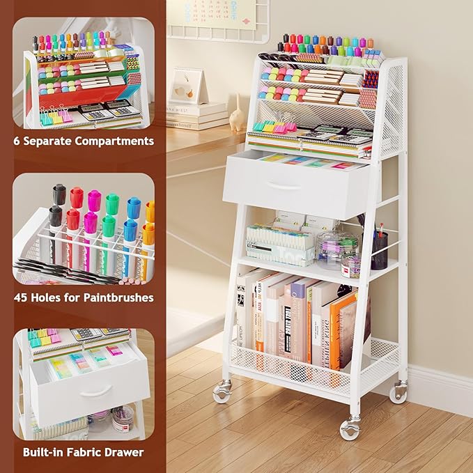 Homsorout 3 Tier Rolling Cart - Metal Utility Cart with Storage Drawer and Wheels, Versatile Art & Craft Organizer for Home, Office, or Studio - Ideal for Storing Brushes, Paints, and Supplies（White）