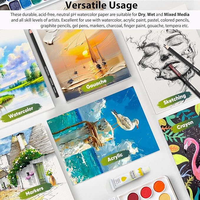 Soucolor 40 Sheets Watercolor Paper Pad, 9"x12" Water Color Paper, 140lb/300gsm Artist Painting Drawing Paper Book, Art Supplies for Adults, Watercolor Paint Set, Sketchbook, Journal, Notebook