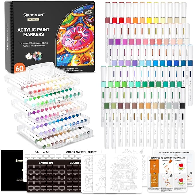 Shuttle Art Automatic Ink Control Acrylic Paint Markers, 60 Colors Brush Tip Acrylic Paint Pens for Rock Painting, Ceramic, Wood, Canvas, Glass, Stone, Fabric, Card Making, DIY Supplies, FlipFunAlong