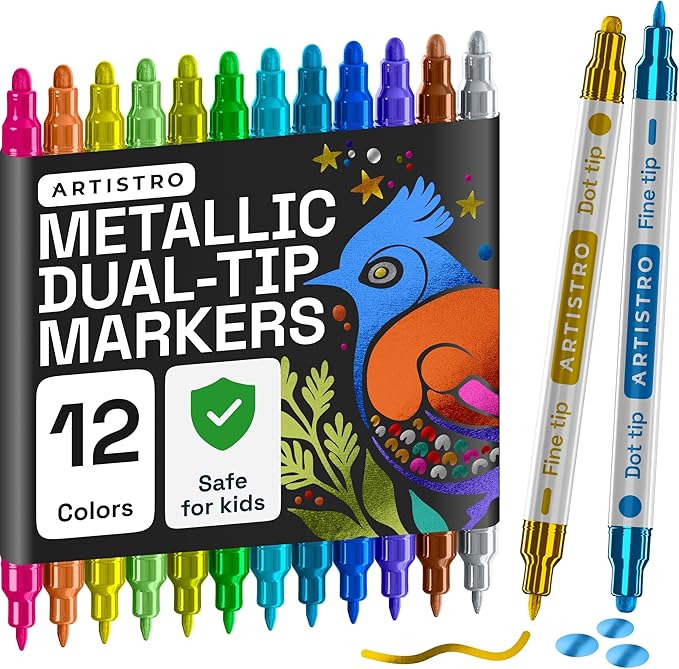 ARTISTRO 12 Metallic Precision Dual-Tip Acrylic Paint Markers – Paint Pens Set with Dot & Fine Tips for Fabric, Rock, Glass, Wood, Coloring Books – Classroom & Art Supplies Teacher Appreciation Gift