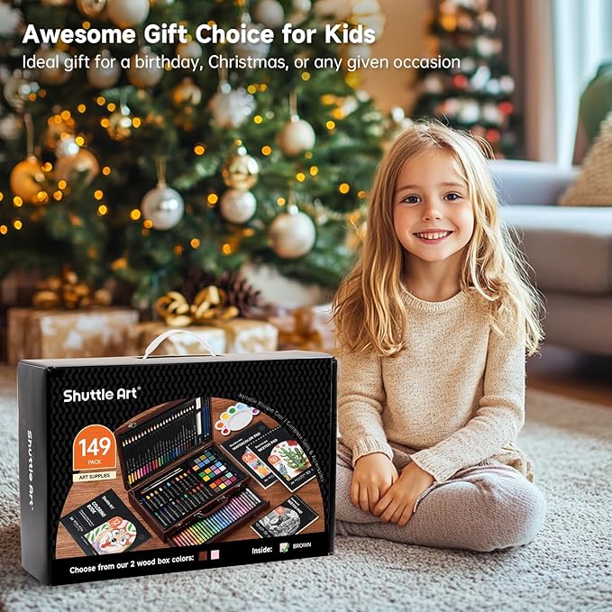 Shuttle Art 149 Piece Deluxe Art Set, Art Supplies in Wooden Case, Painting Drawing Art Kit with Crayons Colored Pencils Oil Pastels Coloring Book Sketch Pad for Kids Adults