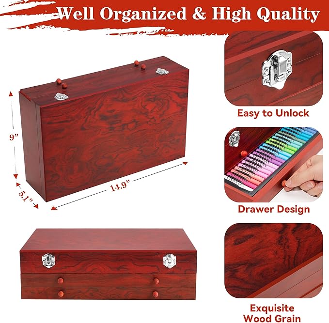 POPYOLA Art Supplies, 269 Piece Deluxe Art Set with 6 Drawing Pads, Watercolor Paints, Crayons, Colored Pencils Set in Wooden Case, Creative Gifts for Adults Artists Beginners