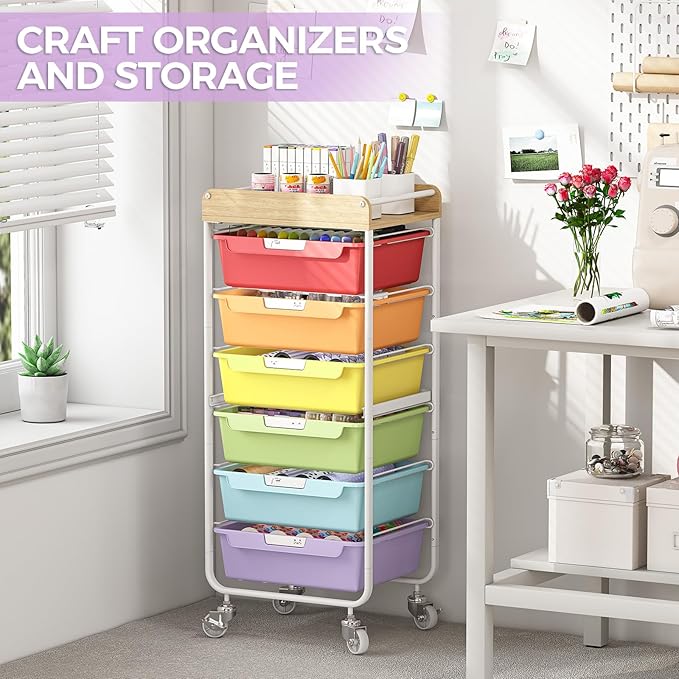 SYKIARIOL 6 Drawer Rolling Cart for Craft Storage,Utility Drawer Organizer with Handle and Wooden Top,Storage on wheels for Office,Classroom,Laundry,Garage,Snack,Art Supply