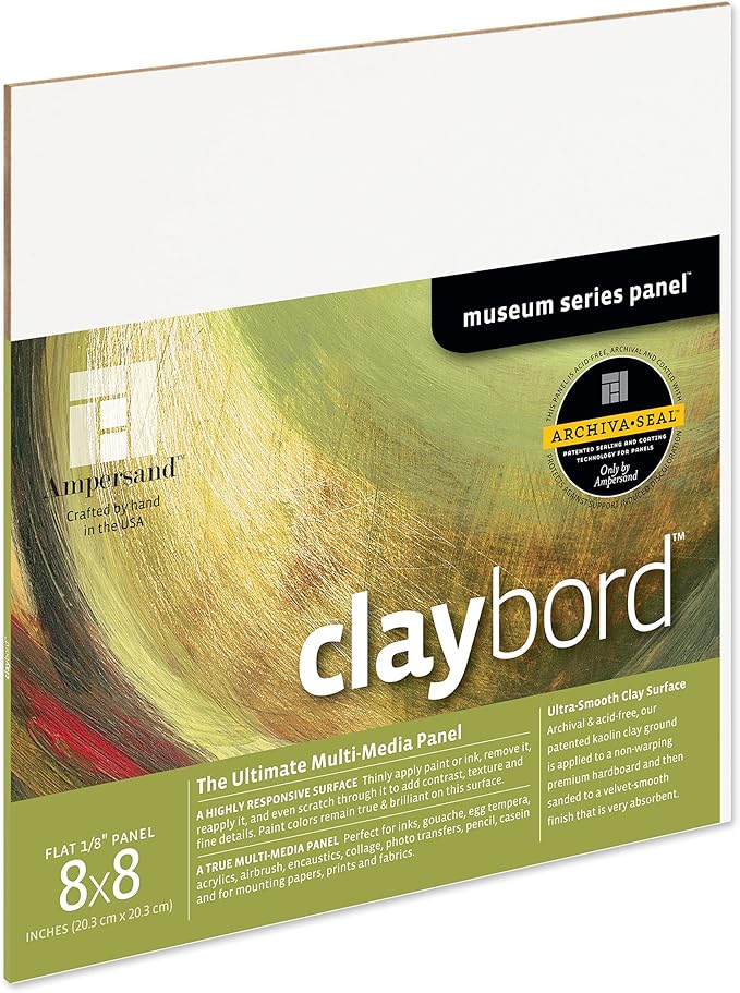 Ampersand Art Supply Claybord | 8" x 8" | 1/8" Flat Profile | Kaolin Clay Painting Panel for Acrylic, Ink, Watercolor & Mixed Media | Canvas & Paper Alternative