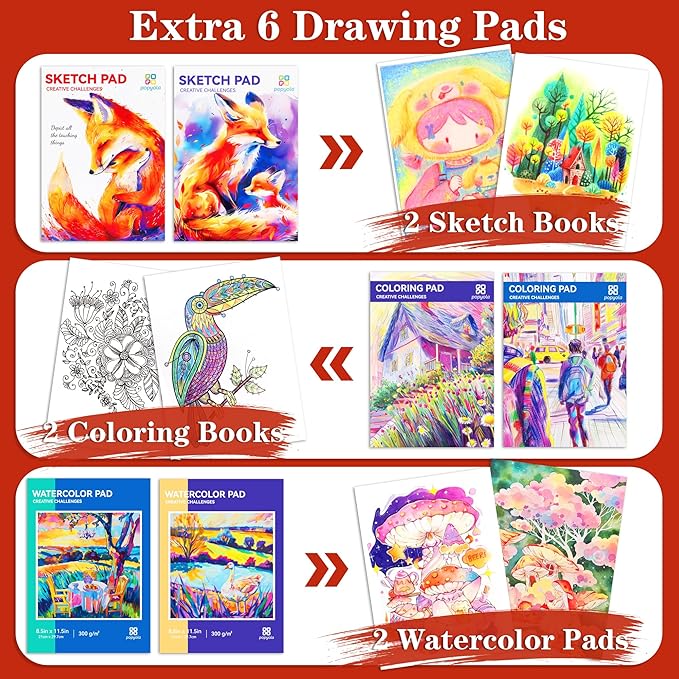 POPYOLA Art Supplies, 269 Piece Deluxe Art Set with 6 Drawing Pads, Watercolor Paints, Crayons, Colored Pencils Set in Wooden Case, Creative Gifts for Adults Artists Beginners