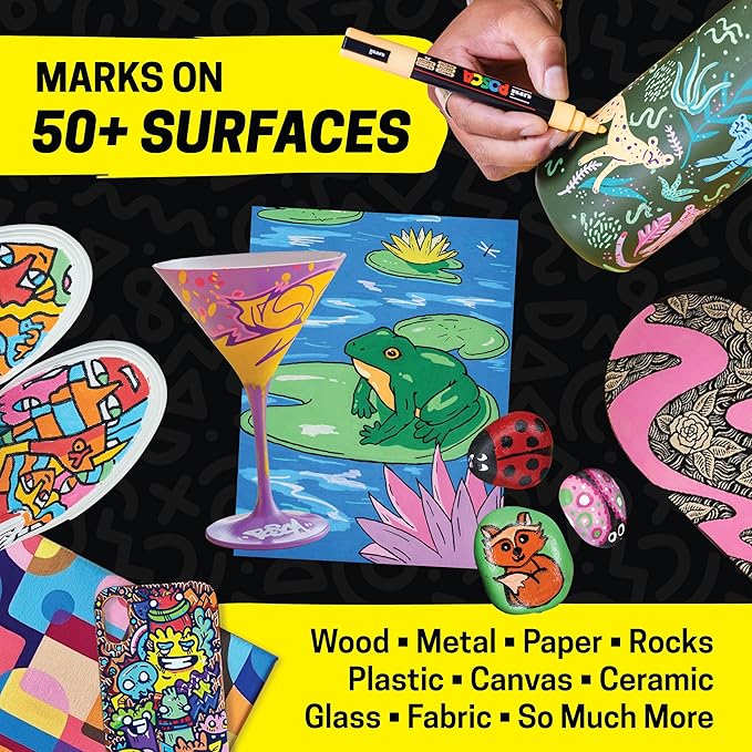 Posca Paint Markers, 3M Fine Tip Point Acrylic Paint Pens with Reversible Tips, Art Supplies For Gifts, Decorations Fabric, Metal, Glass, Wood and Canvas, Set of 16