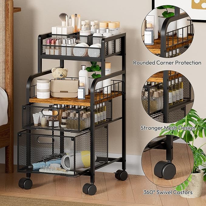 SWTYMIKI Rolling Cart with Drawers - Metal Craft Cart with Wheels, DIY Divider and Wood Shelf, Art Supply Organizer for Under Desk Storage, Utility Storage Cart for Home Office Studio, Espresso