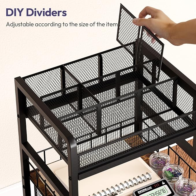 SWTYMIKI Rolling Cart with Drawers - Metal Craft Cart with Wheels, DIY Divider and Wood Shelf, Art Supply Organizer for Under Desk Storage, Utility Storage Cart for Home Office Studio, Espresso