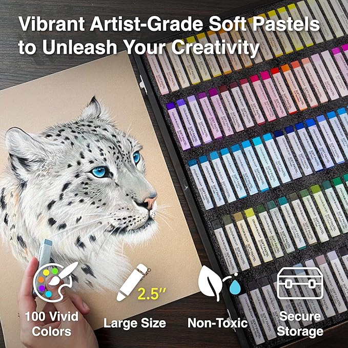 COLOUR BLOCK Soft Pastels for Artists - 100 Colors Square Chalk Pastels Set in Wooden Box - Vibrant Pigments Art Kit for Painting, Drawing, Sketching, Hobbyists.