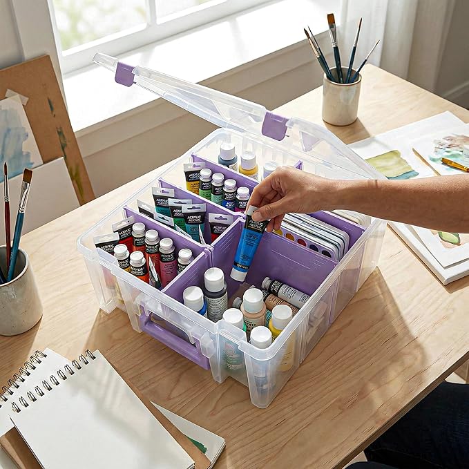 ArtBin 6990JZ Super Satchel Double Deep Compartment Box - Art Storage with 8 Removable Compartments, Smart Closure for Craft Supplies (Purple- Pack of 1)