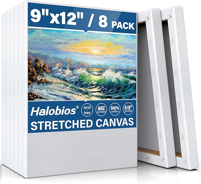 Halobios Stretched Canvases for Painting, 8 Packs 9X12 Inch Canvases for Acrylics,Oils & Other Painting Media, 5/8 Inch Profile 100% Cotton Primed Artist Framed Canvas