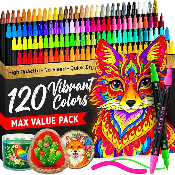 ARTISTRO 120 Precision Dual-Tip Acrylic Paint Markers – Paint Pens Set with Dot & Fine Tips for Fabric, Rock, Glass, Wood, Coloring Books – Classroom & Art Supplies Gift – Teacher Appreciation Gift