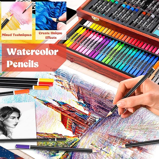 Caliart Art Supplies, 153-Pack Deluxe Art Set in Wooden Case, Crafts Drawing Painting Kits with 2 A4 Sketch Pads, Coloring Book, Birthday Gifts for Teens Girls Boys Kids Adults Artists