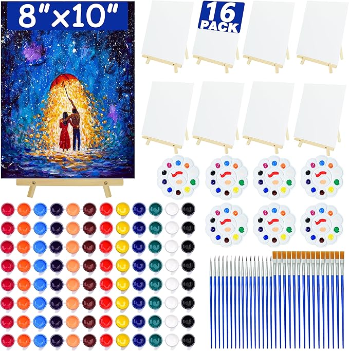 16 Pack 8x10 Inch Canvas and Easel Set, Sip and Paint Kit for Adults,Art Canvas Bulk with Easels Stands, Trays,Small Paint Brushes,12 Colors Mini Acrylic Paint Set for Couples and Party Supplies