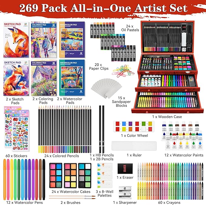 POPYOLA Art Supplies, 269 Piece Deluxe Art Set with 6 Drawing Pads, Watercolor Paints, Crayons, Colored Pencils Set in Wooden Case, Creative Gifts for Adults Artists Beginners