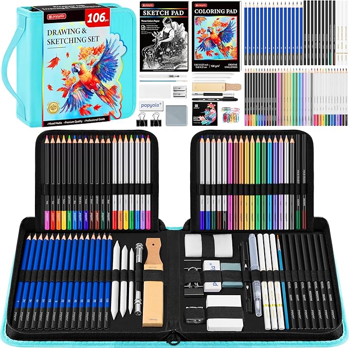 106 Pack Art Supplies Sketching Kit with 3-Color Sketchbook, Coloring Book, Tutorial, Graphite Colored Charcoal Watercolor & Metallic Pencils, Drawing Supplies Gift Case for Artists Beginners Adults