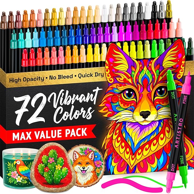 ARTISTRO 72 Precision Dual-Tip Acrylic Paint Markers – Paint Pens Set with Dot & Fine Tips for Fabric, Rock, Glass, Wood, Coloring Books – Classroom & Art Supplies Gift – Teacher Appreciation Gift
