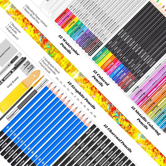 iBayam 78-Pack Drawing Set Sketching Kit Art Supplies for Adult, Christmas Gifts for Adult, with 3-Color Sketchbook, Coloring Book, Colored, Graphite, Charcoal, Watercolor & Metallic Pencil