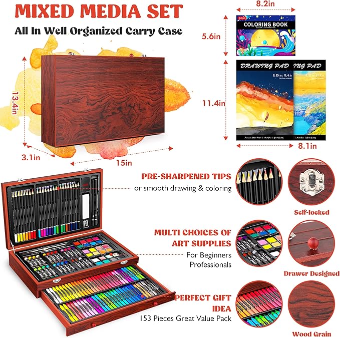 Caliart Art Supplies, 153-Pack Deluxe Art Set in Wooden Case, Crafts Drawing Painting Kits with 2 A4 Sketch Pads, Coloring Book, Birthday Gifts for Teens Girls Boys Kids Adults Artists