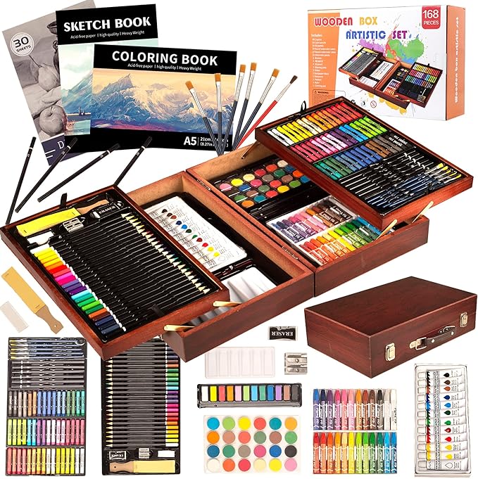 KINSPORY 168-Pack Art Supplies, Deluxe Wooden Art Set Crafts Drawing Painting Coloring Kit, 3 Pack Coloring Pads, Creative Gift Box for Artist Beginners Kids Girls Boys