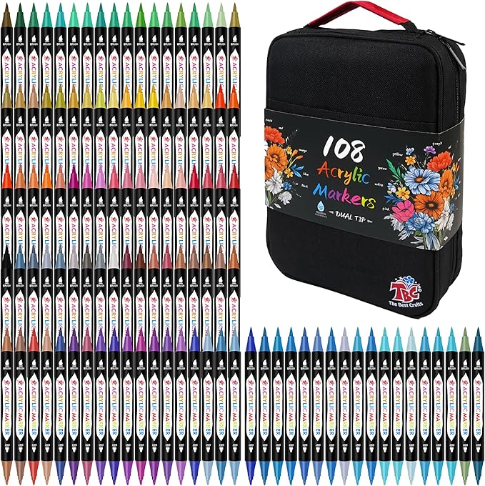 TBC The Best Crafts 108 Colors Dual Tip Acrylic Paint Markers, Double Zipper Design Topgrade Canvas Bag, Waterproof, Non-Toxic, Odorless, Suitable for Paper, Pottery, Stones, Glass, Outdoor Painting