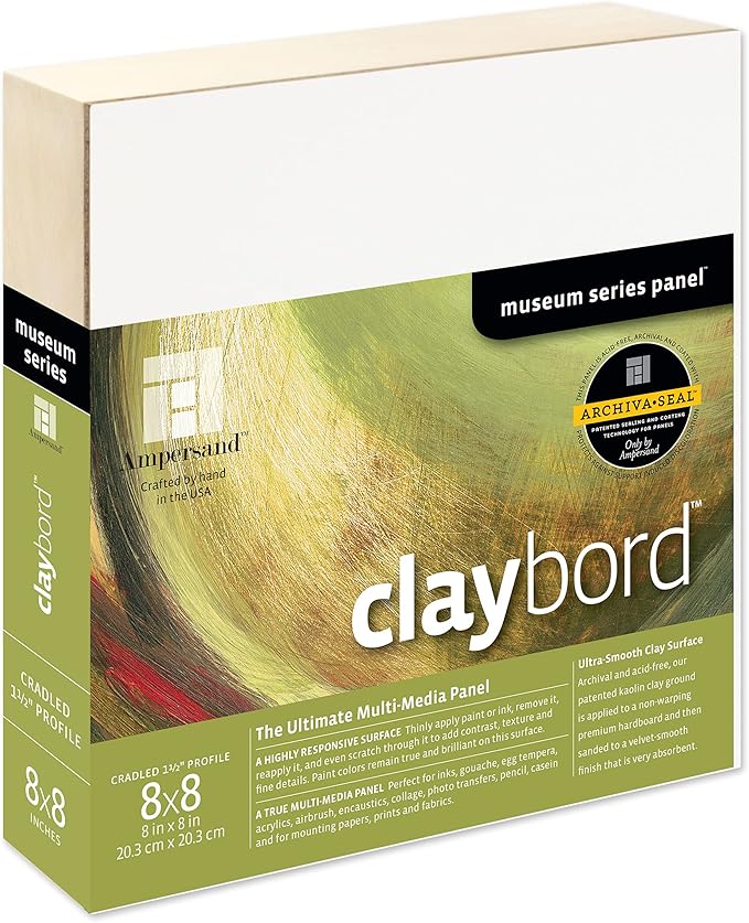 Ampersand Art Supply Claybord | 8" x 8" | 1-1/2" Cradled Profile | Kaolin Clay Painting Panel for Acrylic, Ink, Watercolor & Mixed Media | Canvas & Paper Alternative