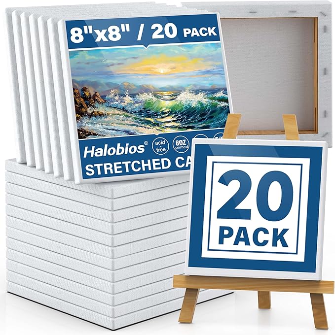 Halobios Professional Stretched Canvases for Painting with 8x8 Inch, 20 Packs Blank Painting Canvas for Acrylics,Oils & Other Painting Media, 5/8 Inch Profile 100% Cotton Artist Framed Canvas