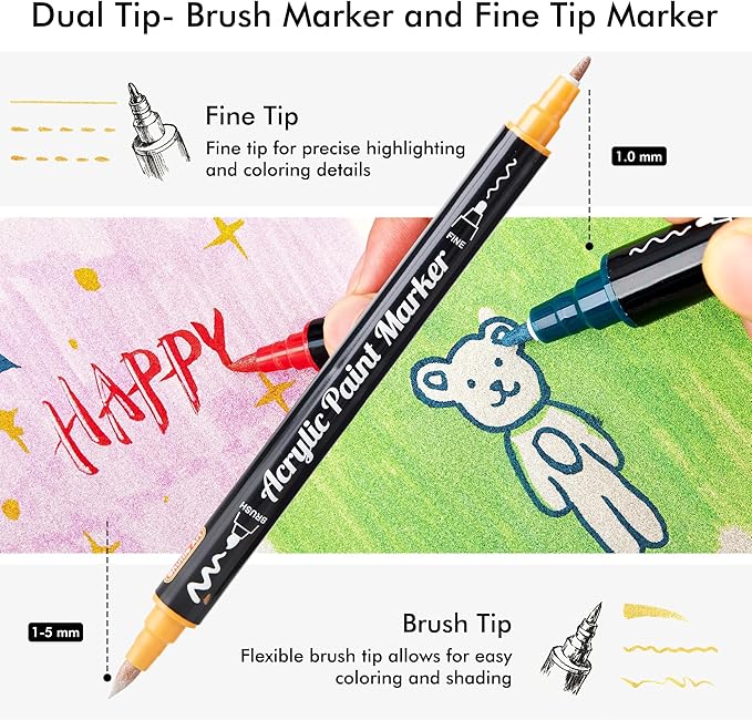 Shuttle Art 28 Metallic Colors Dual Tip Acrylic Paint Markers, Brush Tip and Fine Tip Acrylic Paint Pens for Rock, Ceramic, Wood, Canvas, Plastic, Glass, Stone, Calligraphy, Card Making, DIY Crafts