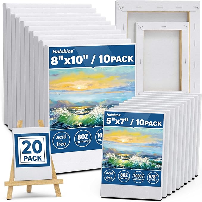 Halobios Professional Stretched Canvas for Painting with 8x10 inch, 5x7 inch (10 of Each), 20 Packs Blank Canvases Art Supplies for Acrylic, Oil, Pouring,100% Cotton, Primed, 5/8 Inch Profile
