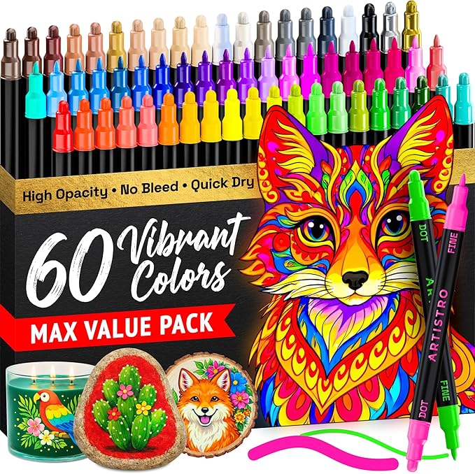 ARTISTRO 60 Precision Dual-Tip Acrylic Paint Markers – Paint Pens Set with Dot & Fine Tips for Fabric, Rock, Glass, Wood, Coloring Books – Classroom & Art Supplies Gift – Teacher Appreciation Gift