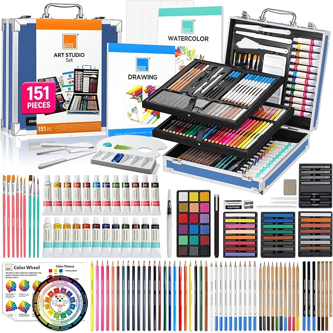 COLOUR BLOCK 151-Piece Professional Art Supply Set with Mixed Media, Paint Kit & Brushes in Aluminum Case, Complete Art Supplies for Adults, All Level Artists, Travel Art Set