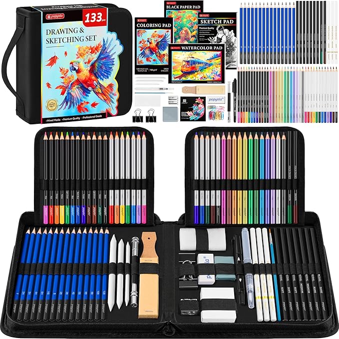 133 Pack Art Supplies Sketching Kit with Sketch Book, Coloring Book, Watercolor Pad, Black Paper Pad, Tutorial, Graphite Colored Charcoal Watercolor & Metallic Pencils for Artists Beginners Adults