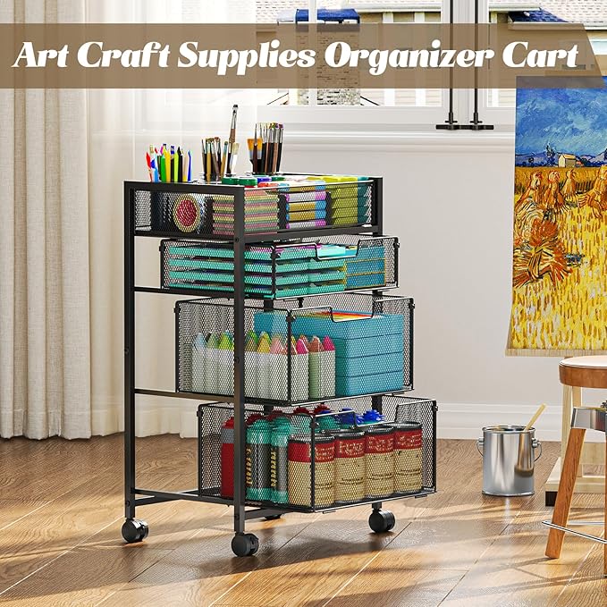 4-Tier Rolling Utility Cart with 3 Drawers, Craft Organizer and Storage with DIY Divider, Art-Craft Supplies with Caster Wheels, Multi-Functional Storage for Classroom, Office, Paints, Artifacts