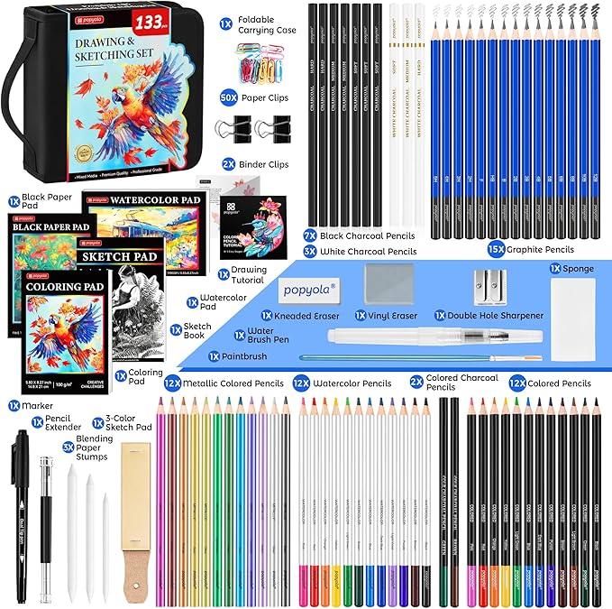 133 Pack Art Supplies Sketching Kit with Sketch Book, Coloring Book, Watercolor Pad, Black Paper Pad, Tutorial, Graphite Colored Charcoal Watercolor & Metallic Pencils for Artists Beginners Adults