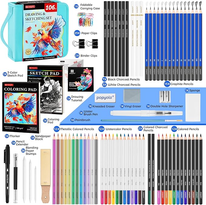 106 Pack Art Supplies Sketching Kit with 3-Color Sketchbook, Coloring Book, Tutorial, Graphite Colored Charcoal Watercolor & Metallic Pencils, Drawing Supplies Gift Case for Artists Beginners Adults