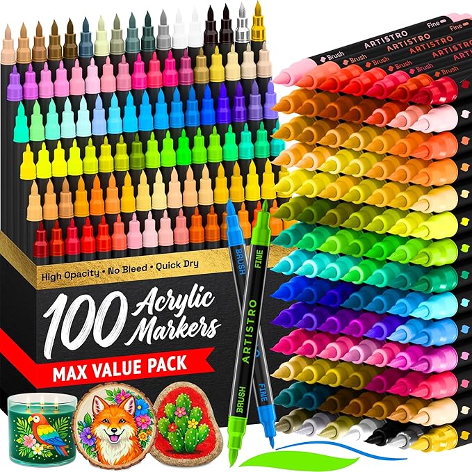 ARTISTRO 100 Dual Tip Acrylic Paint Markers, Paint Pens, Drawing Markers for Textile, Rock, Glass, Wood, Paper, Ceramic, Canvas, DIY - Art Supplies Kit for Kids and Adults (Brush + Fine)