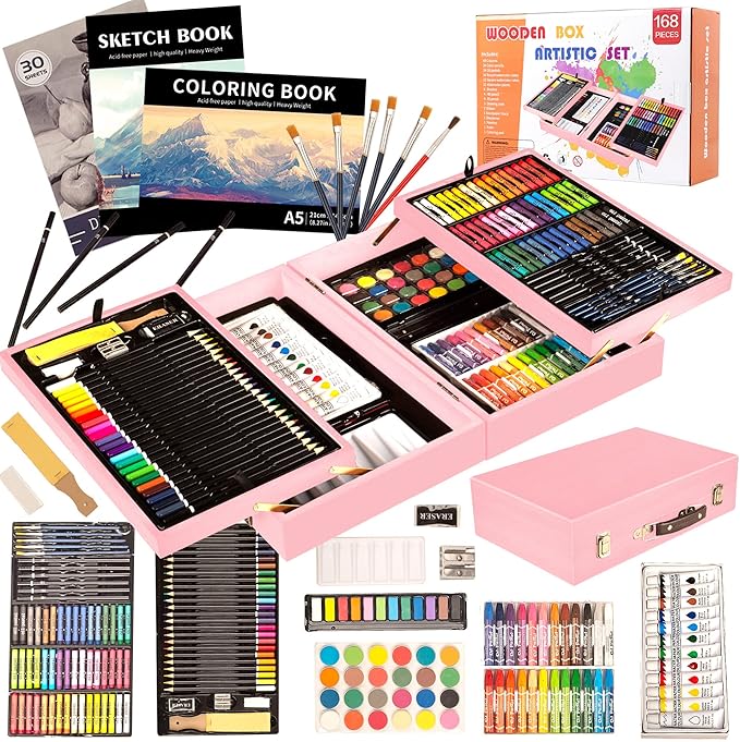 KINSPORY 168 Pack Wooden Art Set, Deluxe Painting Drawing Kit with 3 Coloring Books, Oil Pastels, Watercolor Paints, Art Crafts Supplies, Creative Gift for Beginners, Kids, Boys, Girls & Artists