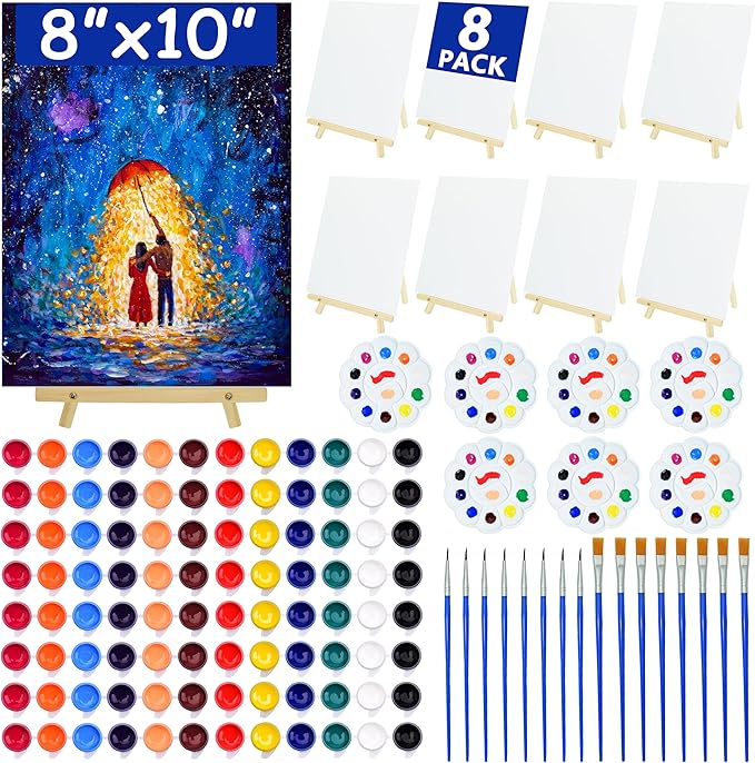 8 Painting Kits, Sip and Paint Art Kit for Adults, 8x10 Inch Canvas for Painting with 8 Easels, Brushes, Paint Trays, Acrylic Paints Set for Couples Date Night, Party Supplies