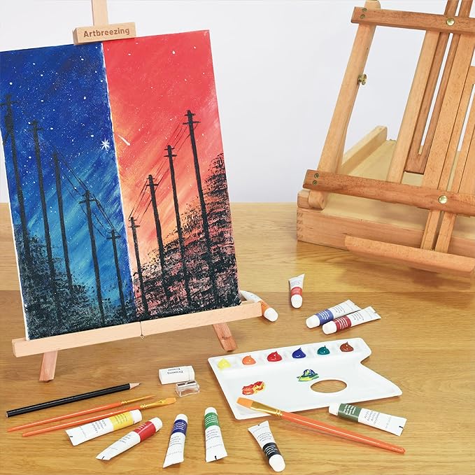 Artbreezing Acrylic Paint Set with Tabletop Easel, Acrylic Paints, Canvases, Brushes, Apron, Storage Box, All-in-One Giftable Art Set for All Skill Levels, Ideal for Adults, Kids,Total 31-piece.