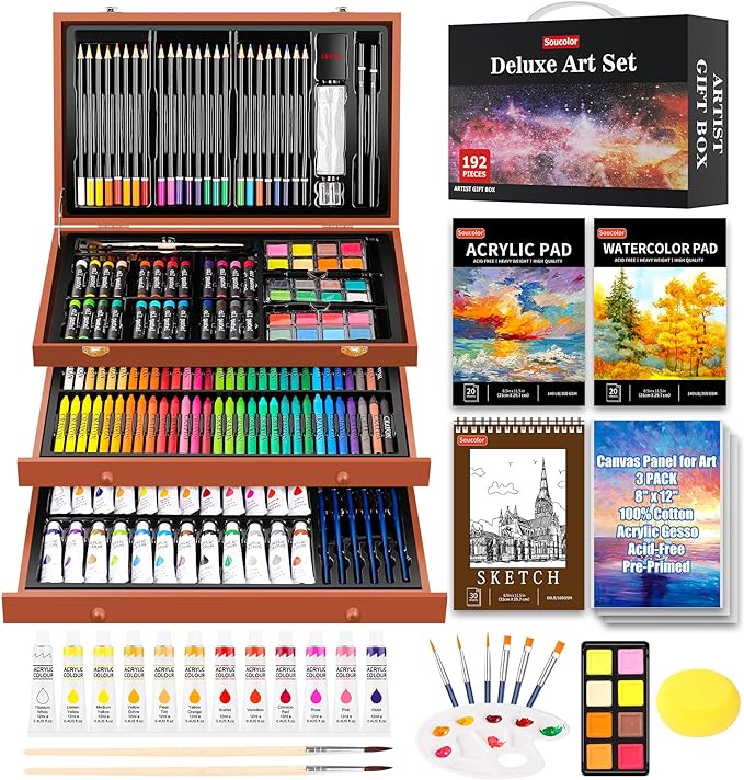Soucolor Arts and Crafts Kits, 192-Pack Deluxe Art Set Coloring Drawing Painting Supplies Art Kit with Acrylic Pad, Watercolor Pad, Sketch Book, Canvases, Acrylic Paint, Crayons, Pencils