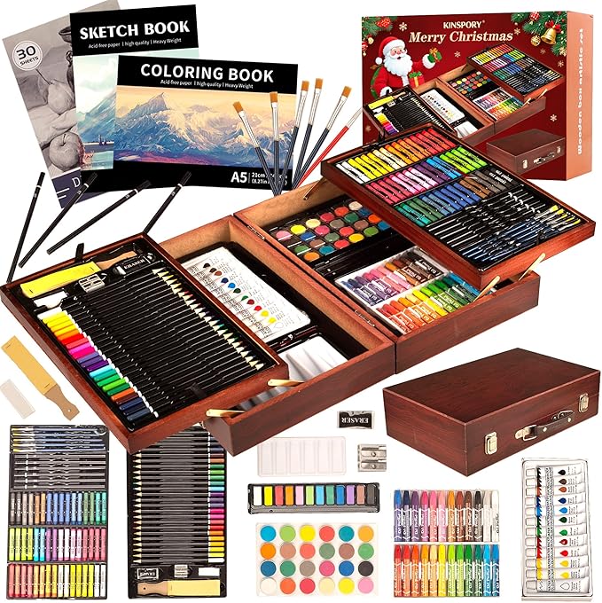 KINSPORY 168 Pack Wooden Art Set, Deluxe Painting Drawing Kit, 3 Coloring Books, Oil Pastels, Watercolor Paints, Art Crafts Supplies, Creative Gift Set for Beginners, Kids, Boys, Girls & Artists (Red)