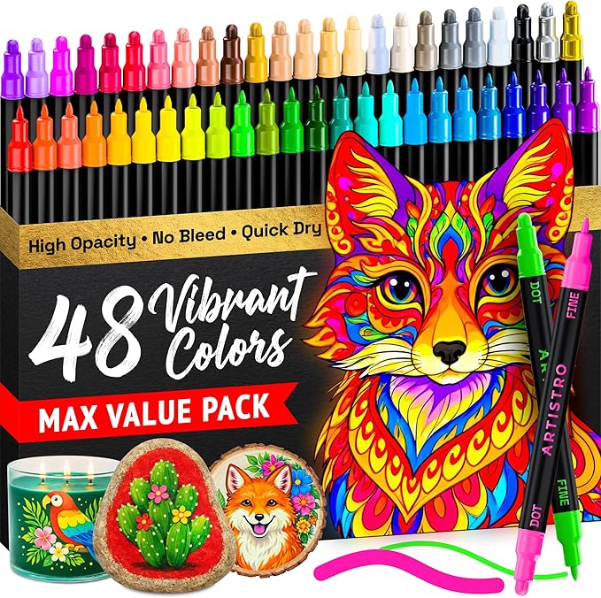 ARTISTRO 48 Precision Dual-Tip Acrylic Paint Markers – Paint Pens Set with Dot & Fine Tips for Fabric, Rock, Glass, Wood, Coloring Books – Classroom & Art Supplies Gift – Teacher Appreciation Gift