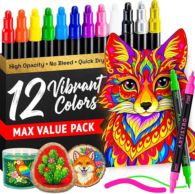 ARTISTRO 12 Precision Dual-Tip Acrylic Paint Markers – Paint Pens Set with Dot & Fine Tips for Fabric, Rock, Glass, Wood, Coloring Books – Classroom & Art Supplies Gift – Teacher Appreciation Gift